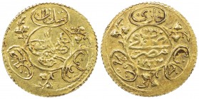 EGYPT: Mahmud II, 1808-1839, AV ½ hayriye (0.85g), Misr, AH1223 year 22, KM-195, nice strike, EF-AU, ex Ahmed Sultan Collection. 
Estimate: $100 - $1...