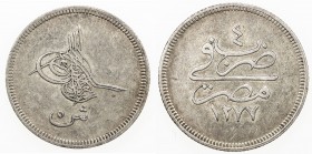 EGYPT: Abdul Aziz, 1861-1876, AR 5 qirsh, Misr, AH1277 year 4, KM-253.1, struck at the Paris mint, surface hairlines, VF-EF.
Estimate: $70 - $100