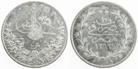 EGYPT: Abdul Hamid II, 1876-1909, AR 10 qirsh, Misr, AH1293 year 10, KM-295, surface hairlines, AU. The initial W below the obverse wreath stands for ...