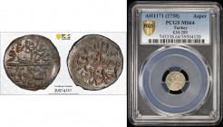TURKEY: Mustafa III, 1757-1774, AR asper, Kostantiniye, AH1171, KM-289, PCGS graded MS64.
Estimate: $60 - $80