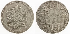 TURKEY: Abdul Hamid I, 1774-1789, AR piastre (19.05g), Kostantaniye, AH1187 year 1, KM-368, first toughra, used only in his year one, VF.
Estimate: $...