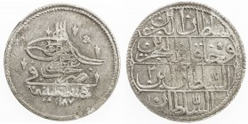 TURKEY: Abdul Hamid I, 1774-1789, AR piastre, Kostantiniye, AH1187 year 2, KM-396, faint surface hairlines, EF.
Estimate: $40 - $60
