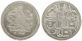 TURKEY: Abdul Hamid I, 1774-1789, AR piastre, Kostantiniye, AH1187 year 6, KM-396, AU.
Estimate: $50 - $75