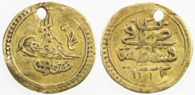 TURKEY: Mustafa IV, 1807-1808, AV ¼ sultani (0.71g), Kostantiniye, AH1222 year 2, KM-543.1, pierced (as usual!), VF, RR. 
Estimate: $70 - $100