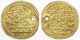 TURKEY: Mustafa IV, 1807-1808, AV zeri mahbub (2.36g), Kostantiniye, AH1222 year 1, KM-544, pierced (as usual), VF-EF, R. 
Estimate: $120 - $160