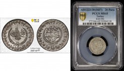 TURKEY: Mahmud II, 1808-1839, AR 20 para, Kostantiniye, AH1223 year 30, KM-596, a lovely quality example! PCGS graded MS65.
Estimate: $50 - $75