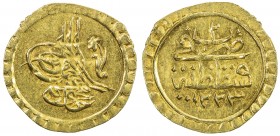 TURKEY: Mahmud II, 1808-1839, AV rubiye (0.79g), Kostantiniye, AH1223 year 2, KM-605, AU, ex Ahmed Sultan Collection. 
Estimate: $70 - $80