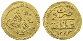 TURKEY: Mahmud II, 1808-1839, AV rubiye (0.79g), Kostantiniye, AH1223 year 5, KM-605, VF-EF, ex Ahmed Sultan Collection. 
Estimate: $60 - $80