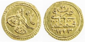 TURKEY: Mahmud II, 1808-1839, AV rubiye (0.78g), Kostantiniye, AH1223 year 3, KM-608, AU. The rubiye ("quarter") is ¼ of the sultani (¼ findik), which...