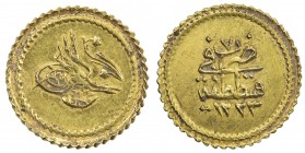 TURKEY: Mahmud II, 1808-1839, AV rubiye (0.81g), Kostantiniye, AH1223 year 7, KM-608, EF, ex Ahmed Sultan Collection. 
Estimate: $65 - $80