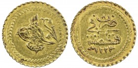 TURKEY: Mahmud II, 1808-1839, AV rubiye (0.79g), Kostantiniye, AH1223 year 8, KM-608, EF, ex Ahmed Sultan Collection. 
Estimate: $65 - $80