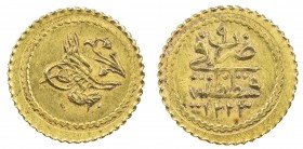 TURKEY: Mahmud II, 1808-1839, AV rubiye (0.78g), Kostantiniye, AH1223 year 9, KM-608, EF-AU, ex Ahmed Sultan Collection. 
Estimate: $65 - $80