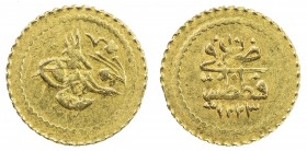 TURKEY: Mahmud II, 1808-1839, AV rubiye (0.78g), Kostantiniye, AH1223 year 10, KM-608, EF, ex Ahmed Sultan Collection. 
Estimate: $65 - $80
