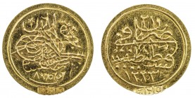TURKEY: Mahmud II, 1808-1839, AV jeweler 's piece (0.26g), Kostantiniye, AH"1223" year "21", UBK-63-02, British jeweler 's piece, marked .875 fineness...