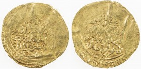 KHWARIZMSHAH: Takish, 1172-1200, AV dinar (1.60g), MM, DM, A-1711, caliph al-Nasir, struck at either Khwarizm or Nishapur, very crude strike, as commo...