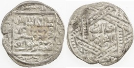 ILKHAN: Anonymous Qa 'an al- 'Adil, AR dirham (2.75g), Isfarayin, ND, A-2136, hexagram // square, with mint name twice in reverse margin, Uighur HAGHA...
