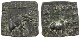 INDO-SCYTHIAN: Maues, ca. 90-57 BC, AE square ½ obol (9.69g), Mitch-2198/99, elephant walking right, within square of dots // humped bull, bold VF.
E...