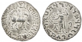 INDO-SCYTHIAN: Azes I, ca. 57-35 BC, AR tetradrachm (9.61g), [Hazara], Mitch-2228, king on horseback // Zeus standing, holding spear & thunderbolt, ch...