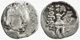 KUSHAN: Heraios, ca. 1-30 AD, AR obol (0.54g), Mitch-2835, diademed bust of beardless tyrant right // soldier standing, holding the remnant of a wreat...