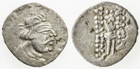 KUSHAN: Heraios, ca. 1-30 AD, AR obol (0.72g), Mitch-2843, diademed bust of beardless tyrant right // soldier standing, holding the remnant of a wreat...