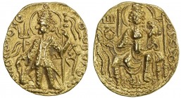 KUSHAN: Vasu Deva II, ca. 290-310, AV dinar (7.82g), Mitch-3548, king standing, holding trident & sacrificing at altar, symbols Bha / Ga / VaSu // Ard...