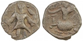 POST-KUSHAN: AE unit (4.54g), Pieper-1300 (this piece), king standing // Ardoksho seated, based on copper coins of Kanishka II, VF, R. 
Estimate: $70...
