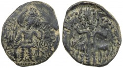 KUSHANO-SASANIAN: Peroz I, ca. 245-270, AE drachm (4.14g), Cribb-19, Carter-8, Zeno-144189 (this piece), king standing, sacrificing at altar & holding...