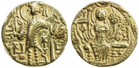 KIDARITE: Kidara, late 4th century, AV dinar (7.69g), Mitch-3618/20, king standing, holding trident & sacrificing at altar, symbols KaPan / KiDaRa / K...