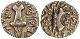 KIDARITE: Vinayaditya, late 5th century, debased AV dinar (7.78g), Mitch-3656, stylized Kushan king standing // stylized enthroned Goddess Ardoksho, s...