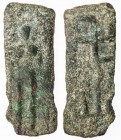 CEYLON (ANCIENT): Anonymous, 1st-2nd century AD, AE plaque (2.50g), Mitch-5052/53, deity standing between two standards // swastika atop railed pole, ...