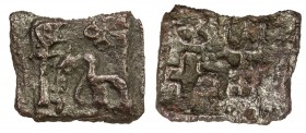 KAUSAMBI: Anonymous, 2nd century BC, AE square unit (0.73g), Pieper-951 (this piece), elephant on ladder facing Indradhvaja, Ujjain symbol above // wh...