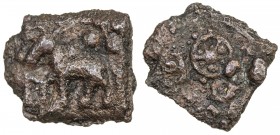 KAUSAMBI: Anonymous, 2nd century BC, cast AE square unit (1.10g), Pieper-969 (this piece), bull left, Ujjain symbol above, square railing on left // c...