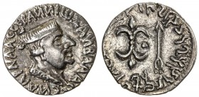 KSHAHARATAS: Nahapana, 1st century AD, AR drachm (2.25g), Senior-303, king 's bust right, Greek legend around // arrow & thunderbolt, Kharosthi & Brah...