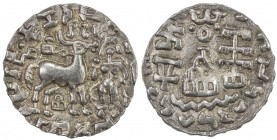KUNINDA: Amoghabhuti, late 2nd century BC, AR drachm (2.16g), cf. Pieper-1135, deer & Lakshmi, vase above & hill below // railed tree, swastika, Indra...