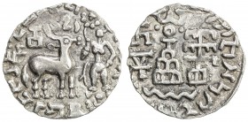 KUNINDA: Amoghabhuti, late 2nd century BC, AR drachm (2.09g), Mitch-4440 ff, deer & goddess, plain below deer // stupa & ancillary symbols, VF-EF.
Es...