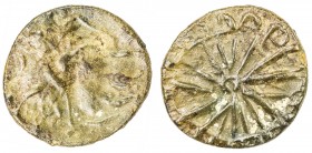 PALLAVAS OF KANCHIPURAM: Anonymous, 5th/6th century AD, potin round unit (1.41g), cf. Pieper-750, Krishnamurthy-215, bull right, wavy line, crescent a...
