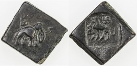 PUSHKALAVATI: Anonymous, 2nd century BC, AE square unit (13.43g), Mitch-4401/03, elephant right, hill above // lion left, swastika above, VF, ex SARC ...