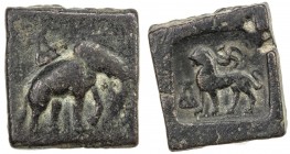 PUSHKALAVATI: Anonymous, 2nd century BC, AE square unit (10.64g), Mitch-4401/03, elephant right, hill above // lion left, swastika above, VF.
Estimat...
