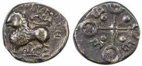 SATAVAHANA: Satakari, ca. 3BC-53AD, potin unit (3.78g), Mitch-114, lion left, royal legend to right // Ujjain symbol, with a nandipada in each arc, st...