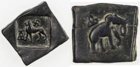 TAXILA: Anonymous, ca. 2nd-1st century BC, AE square unit (12.29g), elephant right, hill above // lion left, swastika above & hill before, lovely stri...