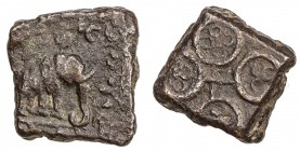 UJJAIN: Anonymous, 2nd/1st century BC, AE square unit (4.67g), Pieper-365 (this piece), elephant right, 6-arm symbol and chakra above, railed tree rig...