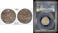 ROHILKHAND: AR rupee, Najibabad, AH1177 year 5, KM-96.2, in the name of Shah Alam II, mint symbol added to right of regnal year, PCGS graded MS63.
Es...