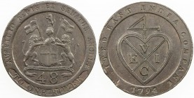 MADRAS PRESIDENCY: AE 1/48 rupee, 1794, KM-394, East India Company issue, struck at Matthew Boulton 's Soho Mint, Birmingham, lettered edge, light scr...