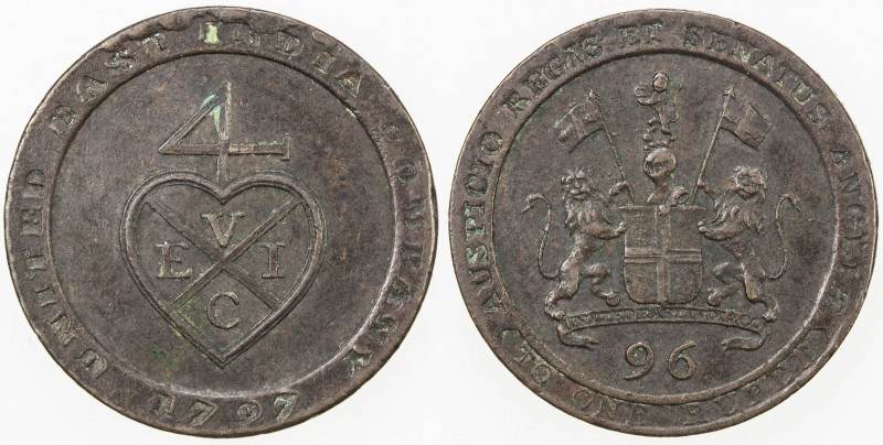 MADRAS PRESIDENCY: AE 1/96 rupee, 1797, KM-397, East India Company issue, VF.
E...
