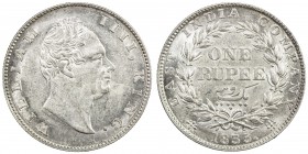 BRITISH INDIA: William IV, 1830-1837, AR rupee, 1835(c), KM-450.3, S&W-1.39, East India Company issue, 'F ' incuse, with bud leaves atop wreath, faint...