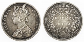 BRITISH INDIA: Victoria, Queen, 1837-1876, AR rupee, 1862, apparently unlisted variety from the Bombay Mint (30.84mm diameter): appears to be obverse ...