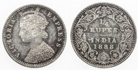 BRITISH INDIA: Victoria, Empress, 1876-1901, AR ¼ rupee, 1888-B, KM-490, incuse B, type C bust, type II reverse, hairlines, light purple toning, AU.
...