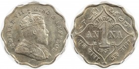BRITISH INDIA: Edward VII, 1901-1910, 1 anna, 1907-B, KM-504, S&W-7.144, lovely toned example! PCGS graded MS63.
Estimate: $75 - $100