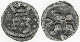 TRANQUEBAR: Frederik III, 1648-1670, lead kas (2.50g), "76", KM-88, Jensen-141, crowned F3 // lotus, with numbers "76", perhaps intended for 1667 with...