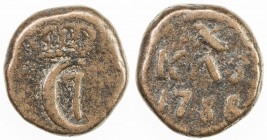 TRANQUEBAR: Christian VII, 1766-1808, AE 10 kas (6.13g), 1788, KM-165, Jensen-326, crowned C7 // X / KAS / 1788, excellent example with full legends, ...